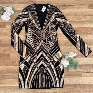 NWT’s Express Black & Gold Sequin Geometric Dress